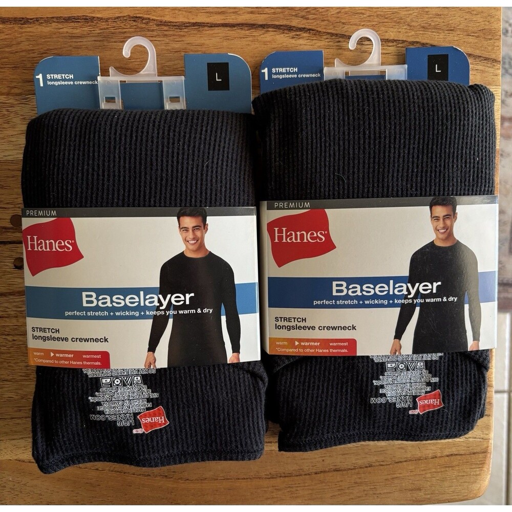 NWT Lot Of 2 Hanes Mens Premium Thermal Long Sleeve Crewnecks Black Large